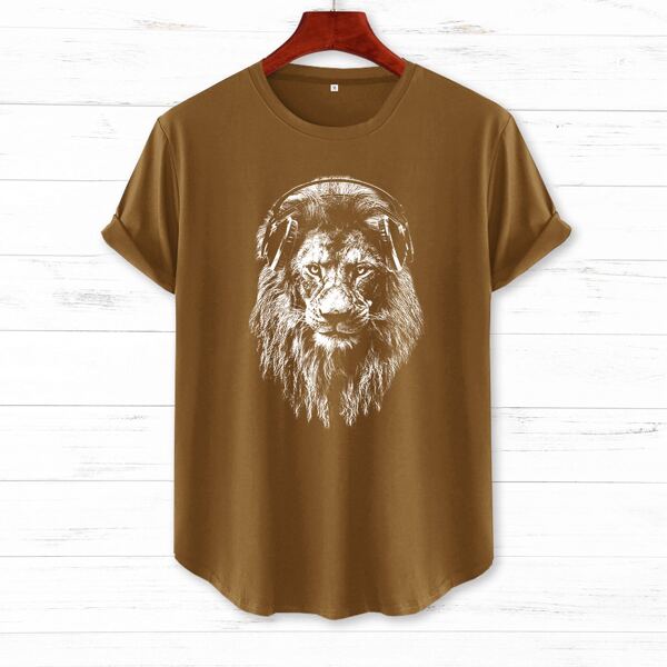 

Men Lion Print Short Sleeve Tee, Brown