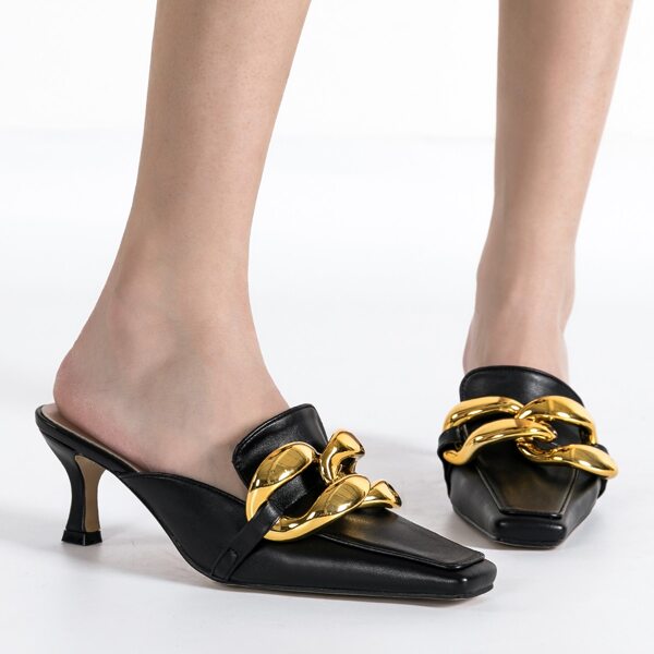 

Chain Decor Square Toe Mules, Black