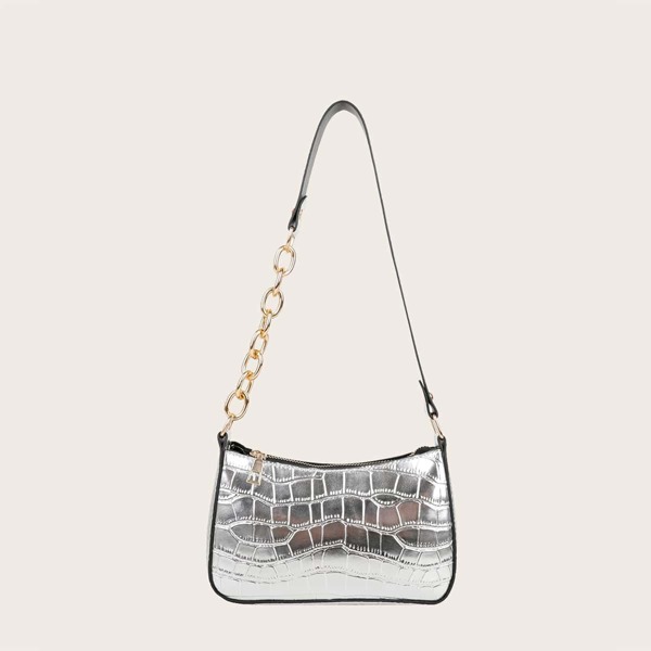 

Girls Metallic Croc Embossed Baguette Bag, Silver