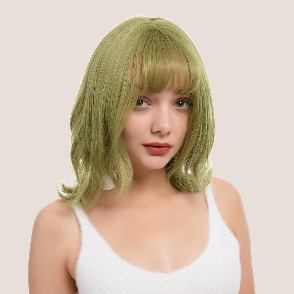 

Natural Short Wig With Bangs, Green