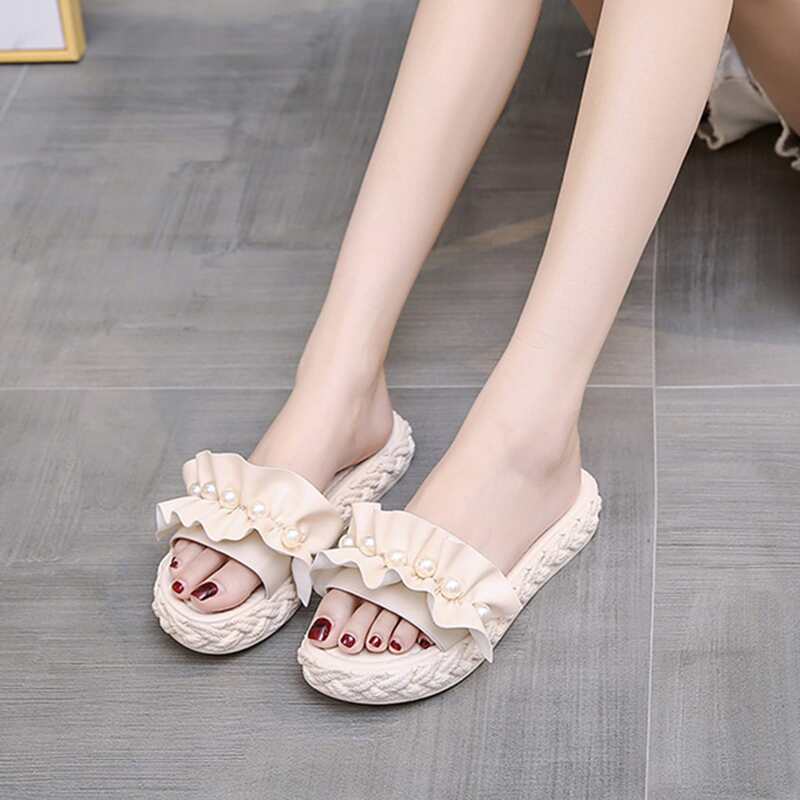 

Faux Pearl Ruffle Decor Flat Sandals, Beige