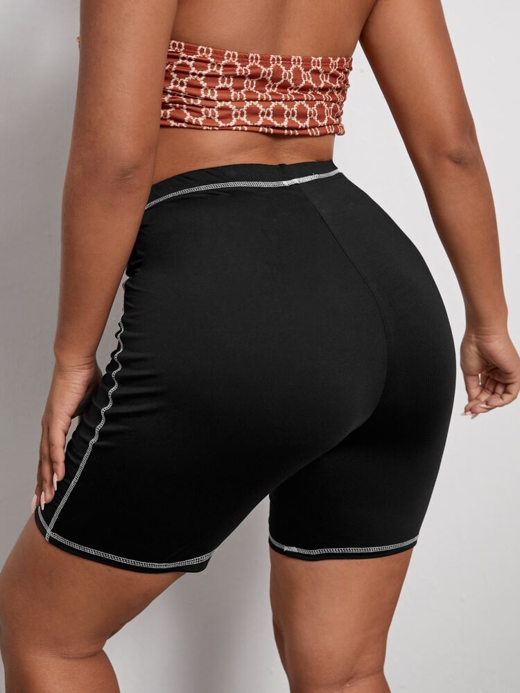 Plus Contrast Topstitching Biker Shorts - Black - View 2