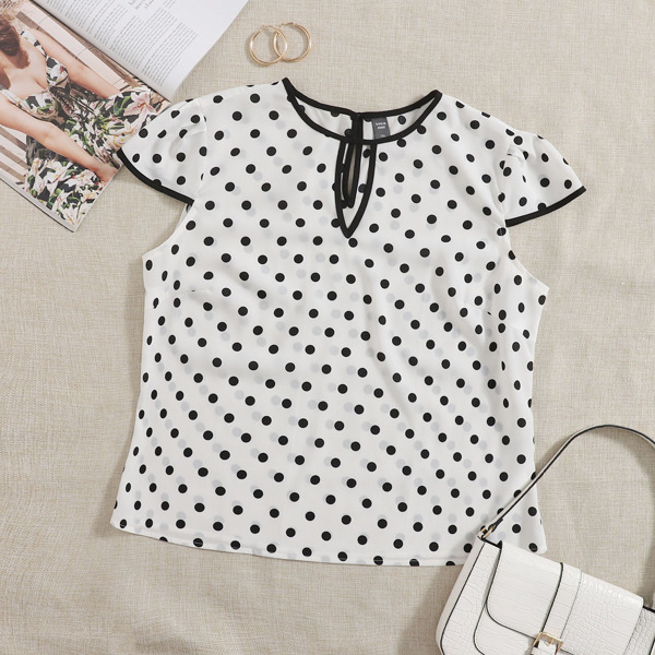 

Plus Polka Dot Tie Neck Blouse, White