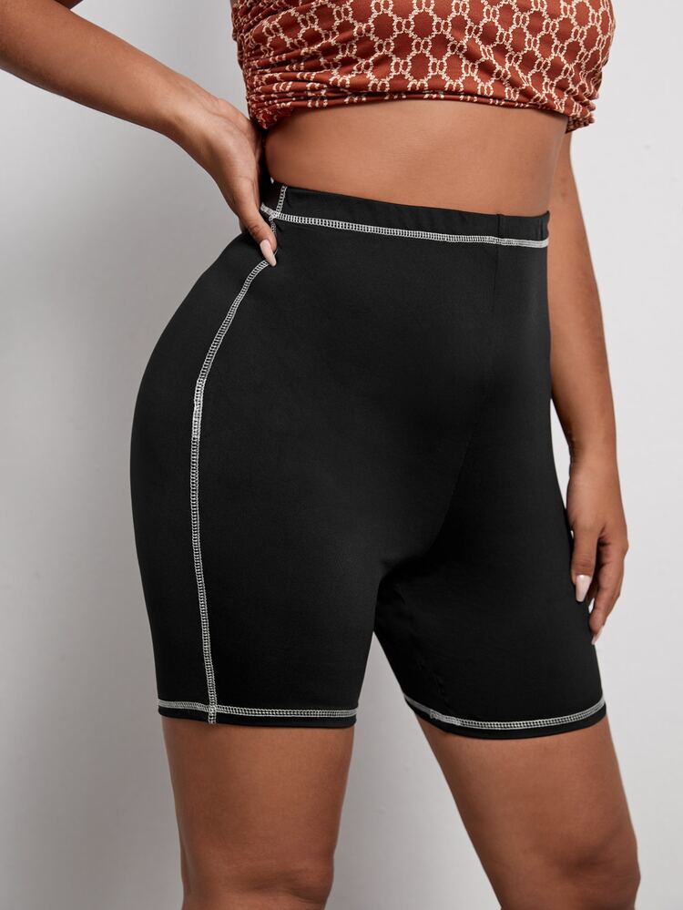 Plus Contrast Topstitching Biker Shorts - Black - View 5