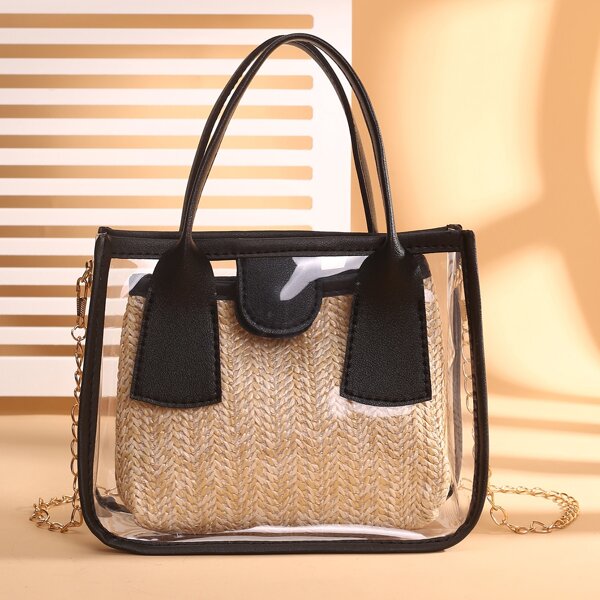 

Clear Satchel Bag With Straw Inner Pouch, Beige