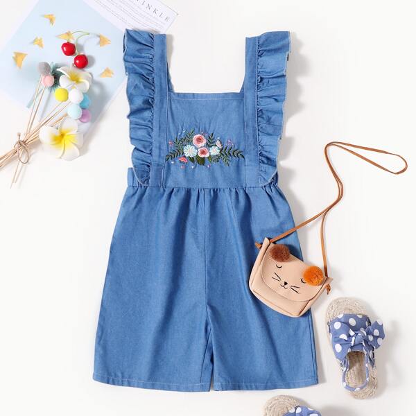 

Toddler Girls Floral Embroidered Ruffle Denim Romper, Medium wash
