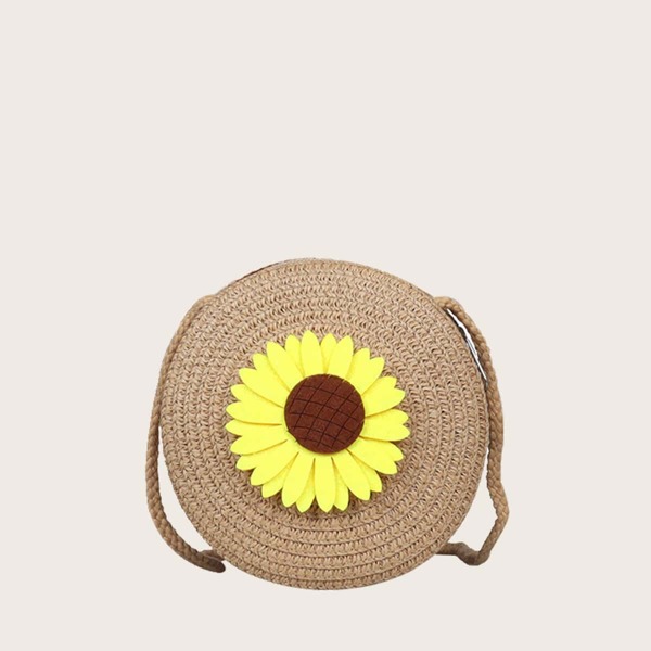 

Girls Floral Decor Straw Bag, Brown