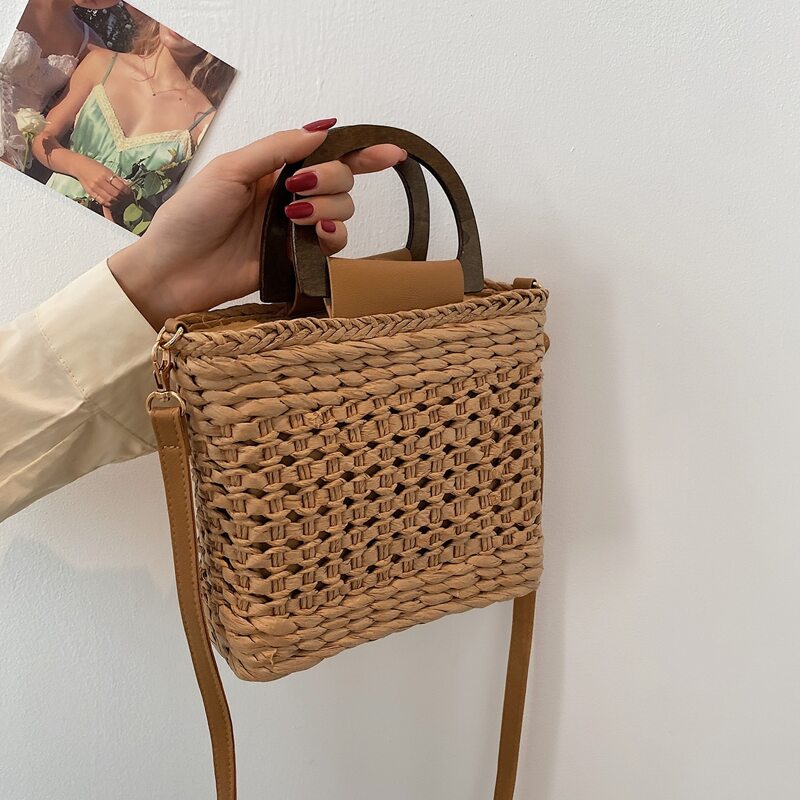 

Straw Satchel Bag, Khaki