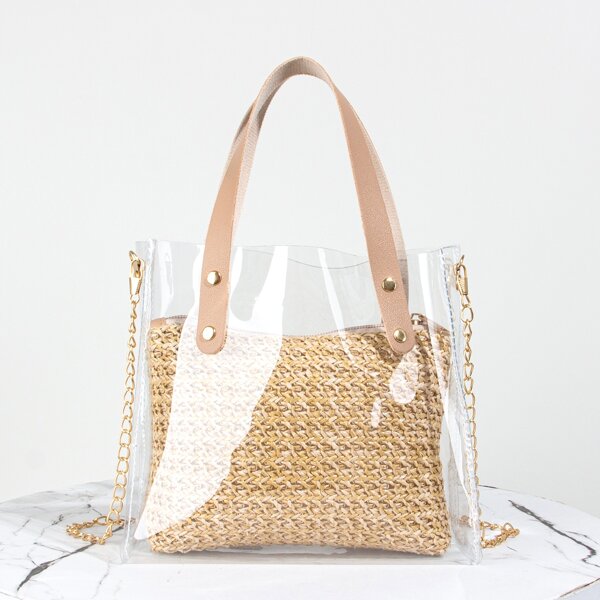 

Clear Satchel Bag With Straw Inner Pouch, Khaki