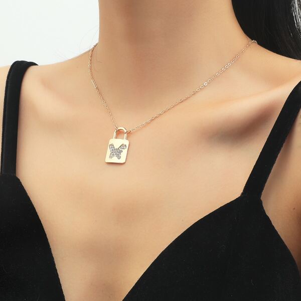 

Rhinestone Decor Lock Charm Necklace, Gold