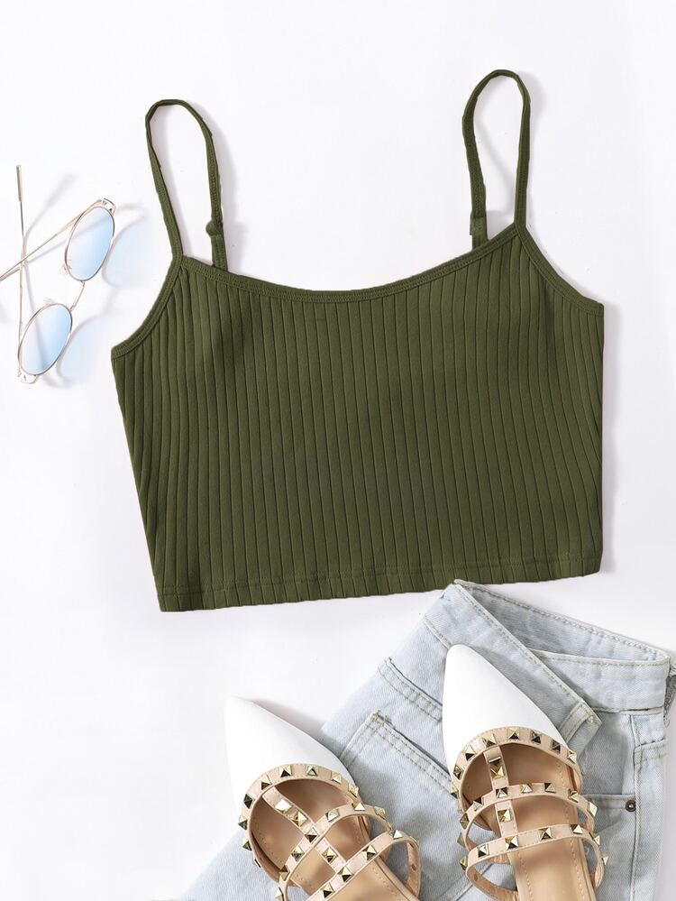 SHEIN EZwear Rib-knit Crop Cami Top - Army Green - View 1