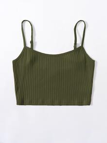 SHEIN EZwear Top de tirantes corto de canalé - Verde militar - Ver 3