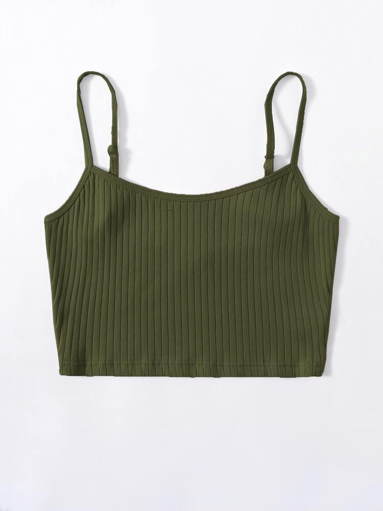 SHEIN EZwear Rib-knit Crop Cami Top - Army Green - View 3