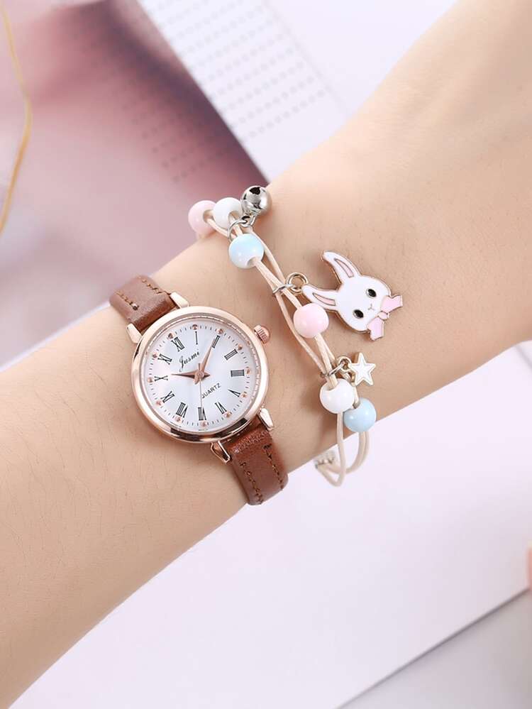 1入組兒童圓形指针石英手錶和1入組手鐲 - 玫瑰金 - 查看 2