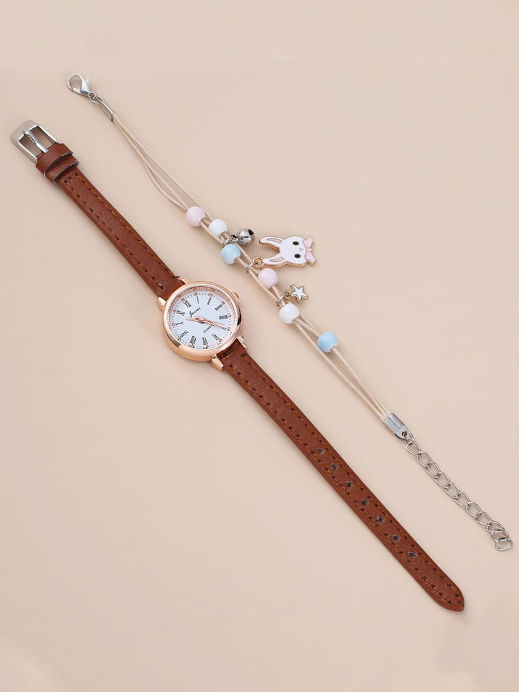 1入組兒童圓形指针石英手錶和1入組手鐲 - 玫瑰金 - 查看 5