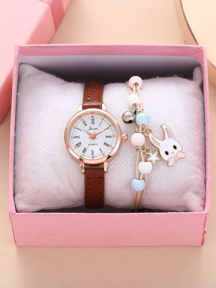 1入組兒童圓形指针石英手錶和1入組手鐲 - 玫瑰金 - 查看 6