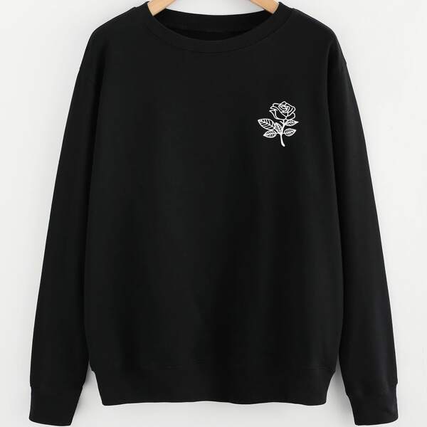 

Floral Print Crew Neck Sweatshirt, Black