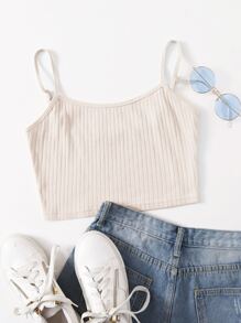 SHEIN EZwear 羅紋針織短版吊帶上衣 - 米色 - 查看 1