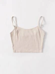 SHEIN EZwear 羅紋針織短版吊帶上衣 - 米色 - 查看 3