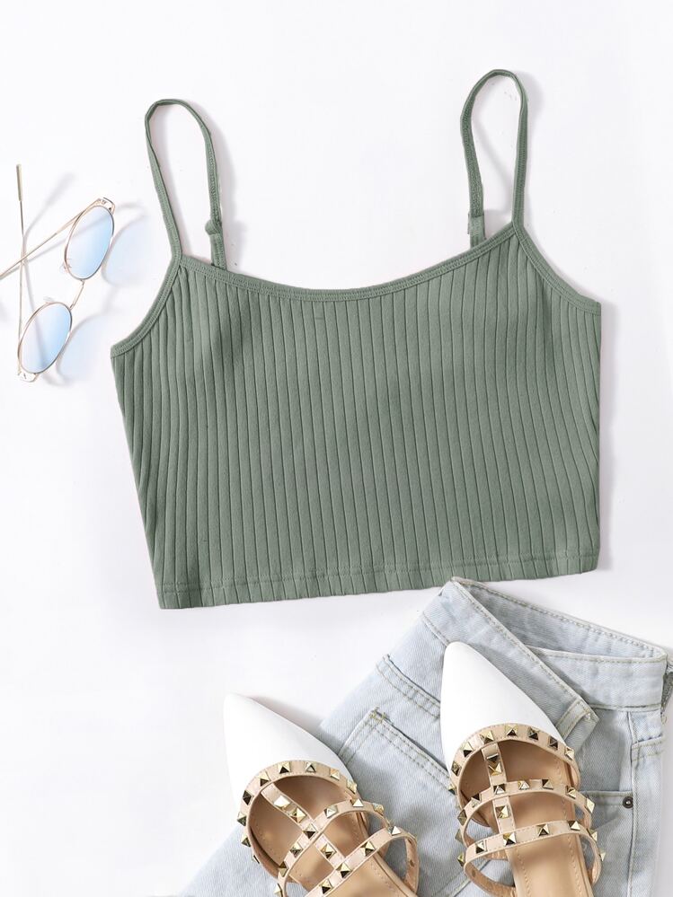Muchica Rib-knit Crop Cami Top - Green - View 1