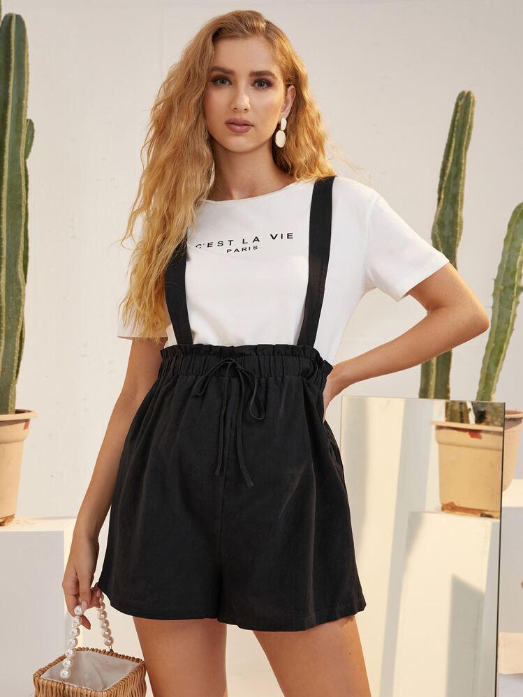 SHEIN Knot Detail Pinafore Shorts - Black - View 1