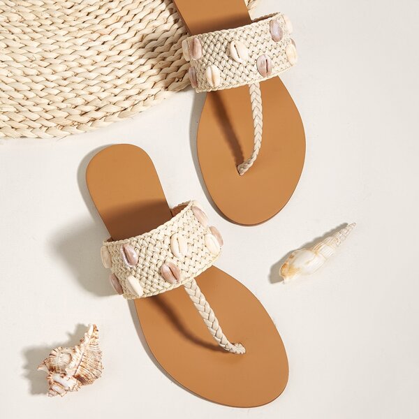 

Shell Decor Braided Design Thong Sandals, Beige