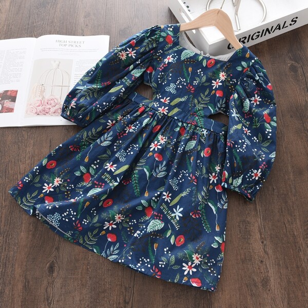 

Toddler Girls Floral Cut Out Smock Dress, Navy blue