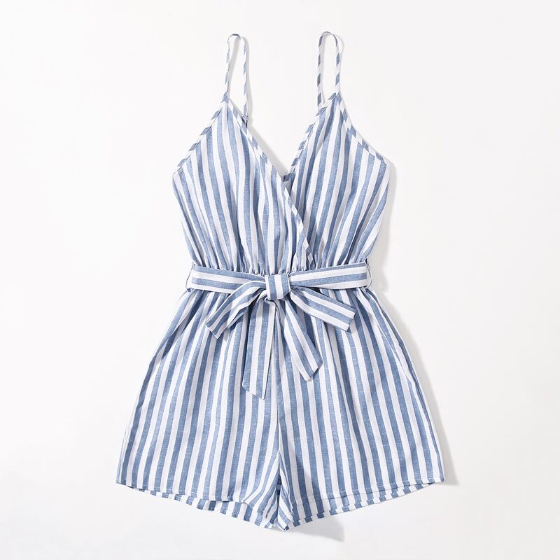

Striped Belted Cami Romper, Blue and white