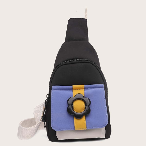 

Colorblock Buckle Decor Sling Bag, Black