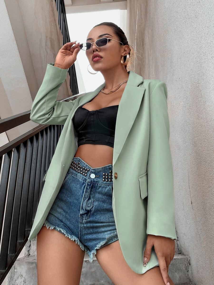 SHEIN Privé Lapel Neck Single Button Blazer - Mint Green - View 1