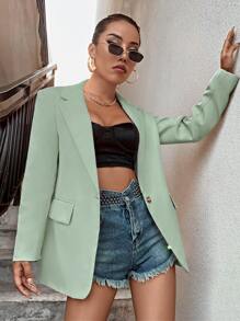 SHEIN Privé Lapel Neck Single Button Blazer - Mint Green - View 3