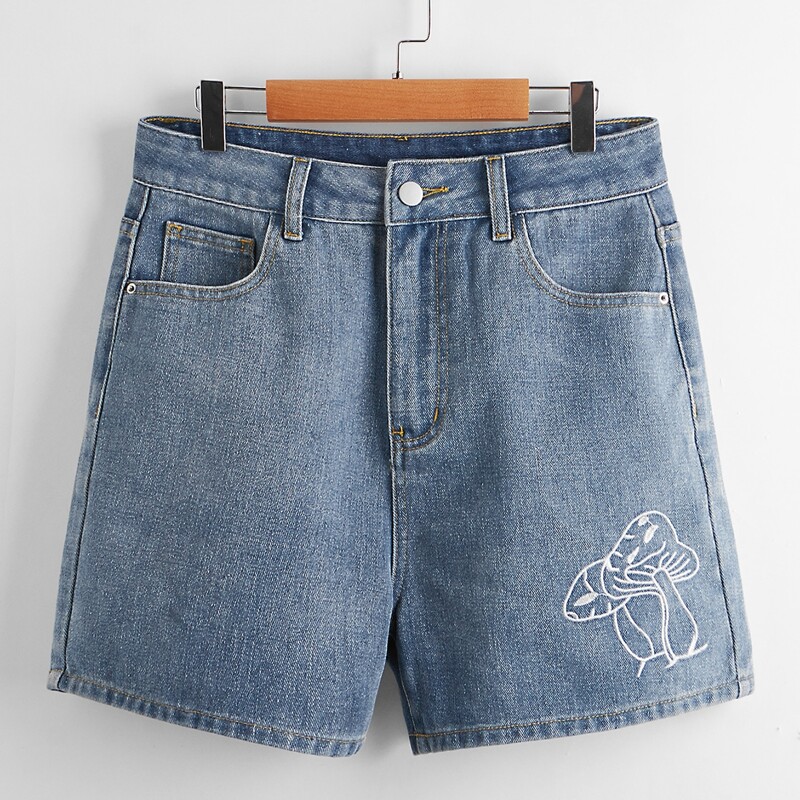 

Mushroom Embroidery Denim Shorts, Medium wash