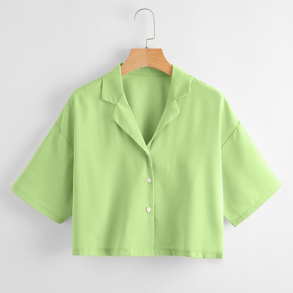 

Solid Lapel Neck Blouse, Mint green