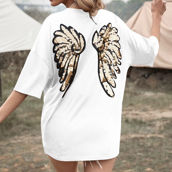 

Sequin Wings Patched Oversized Tee, White
