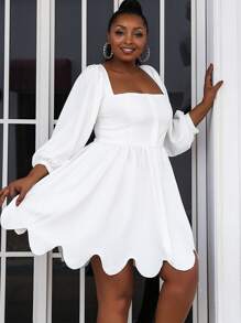 seomiscky Plus Lantern Sleeve Scallop Trim Dress - White - View 1