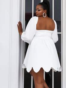 seomiscky Plus Lantern Sleeve Scallop Trim Dress - White - View 2