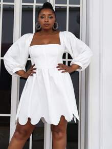 seomiscky Plus Lantern Sleeve Scallop Trim Dress - White - View 3