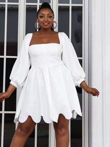 seomiscky Plus Lantern Sleeve Scallop Trim Dress - White - View 5