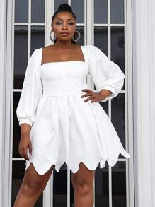 seomiscky Plus Lantern Sleeve Scallop Trim Dress - White - View 6