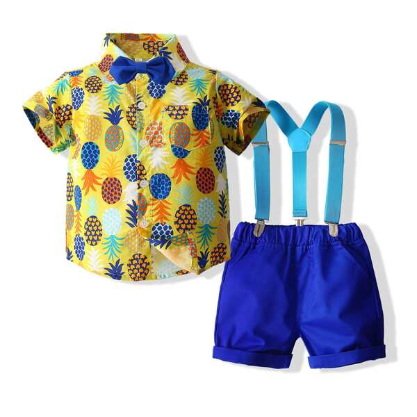 

Toddler Boys Pineapple Print Bow Shirt With Suspender Shorts, Multicolor