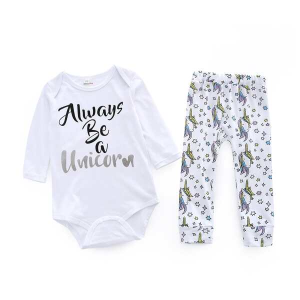 

Baby Letter Graphic Bodysuit & Unicorn And Star Print Sweatpants, White