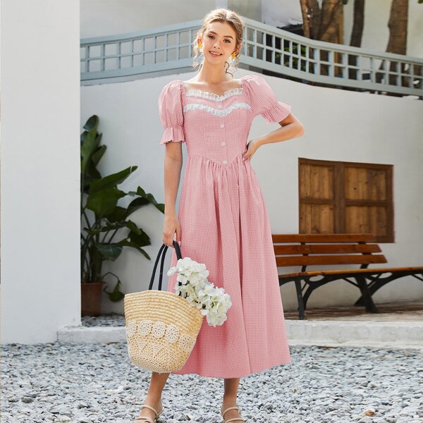 

Contrast Lace Trim Puff Sleeve Gingham Dress, Pink