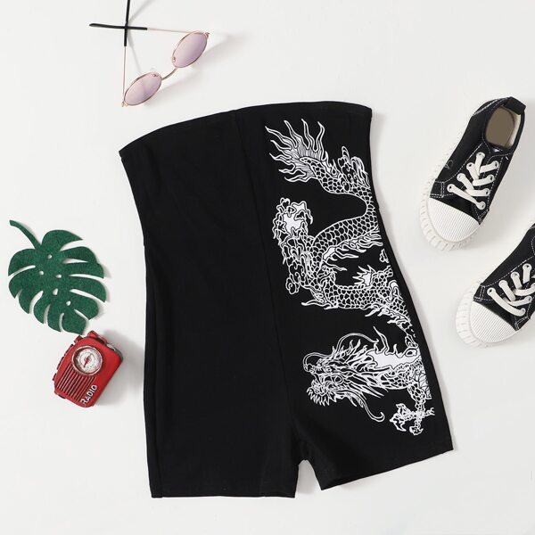 

Girls Chinese Dragon Print Tube Romper, Black
