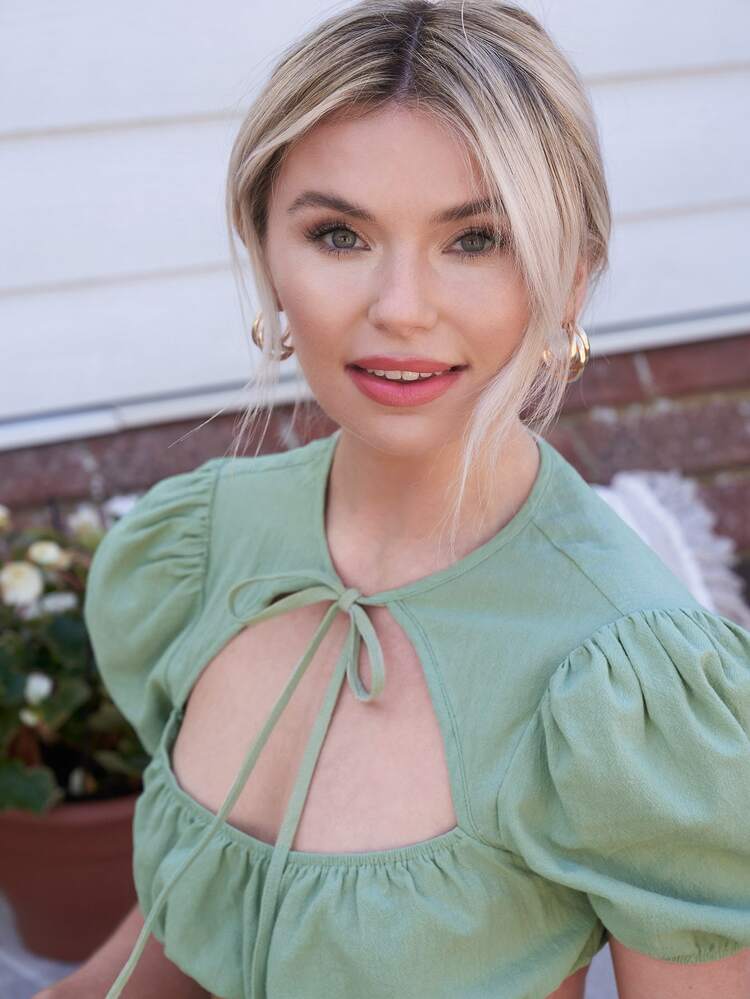 SHEIN Cut Out Front Puff Sleeve Top - Mint Green - View 5