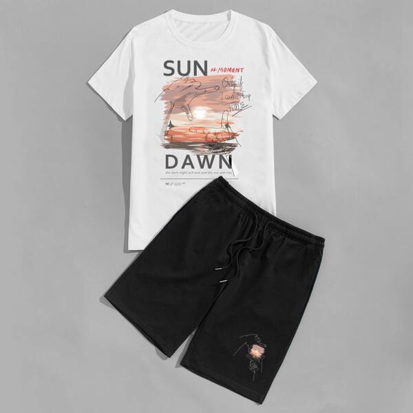

Men Slogan Graphic Tee With Drawstring Shorts, Black and white