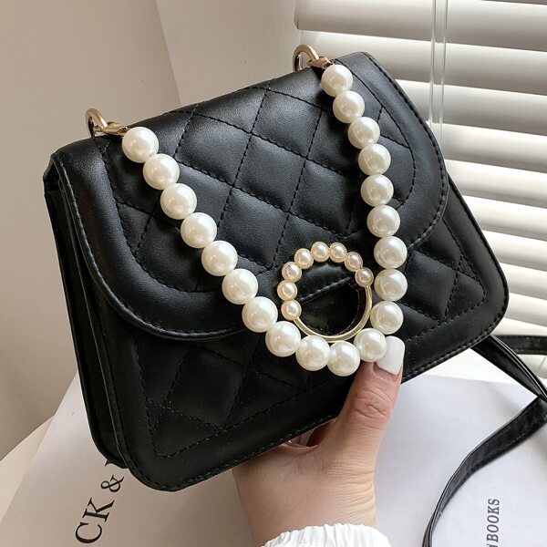 

Faux Pearl Decor Quilted Satchel Bag, Black