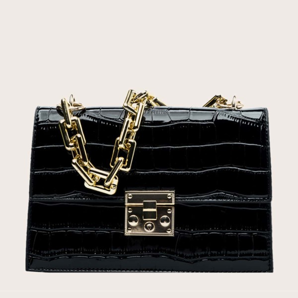 

Croc Embossed Flap Satchel Bag, Black