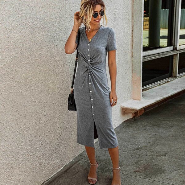 

V Neck Button Front Twist Dress, Grey