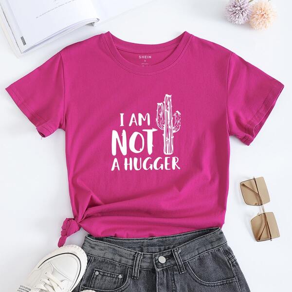 

Slogan & Cactus Print Tee, Red violet