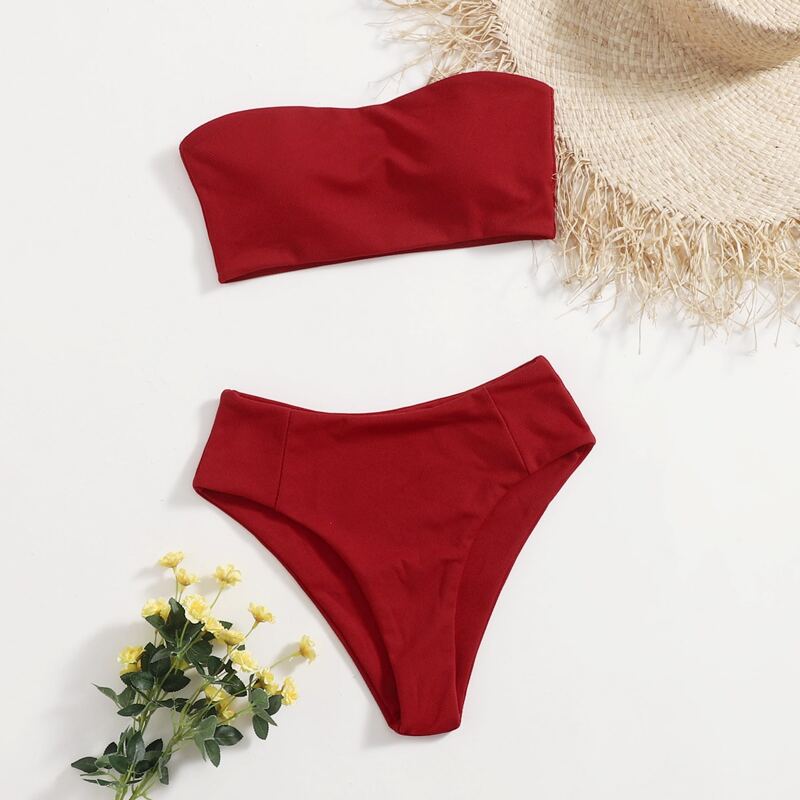 

Solid Bandeau Bikini Swimsuit, Red